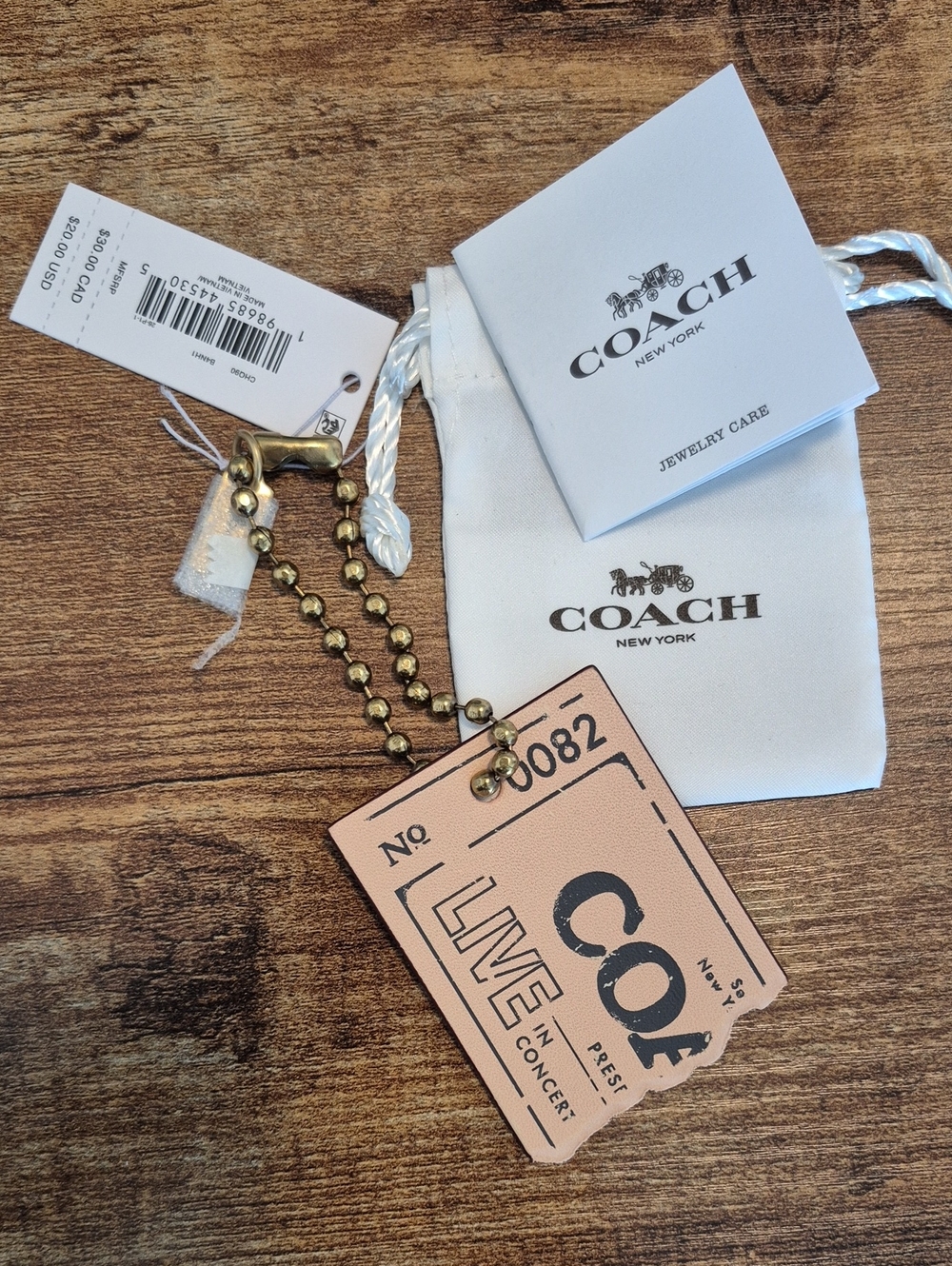Coach Pink Leather Tag Key Chain with Brass Bead Chain